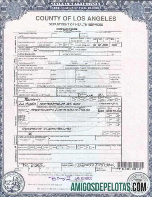 Imprimível modelo de certidão de óbito do condado de Los Angeles nos EUA em formato PSD